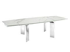 Casabianca Astor Dining Table in White Marbled Porcelain Top on Glass with High Gloss White Lacquer Base