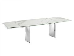 Casabianca Allegra Motorized Dining Table in White Marbled Porcelain Top on Glass with Polished Stainless Steel Base